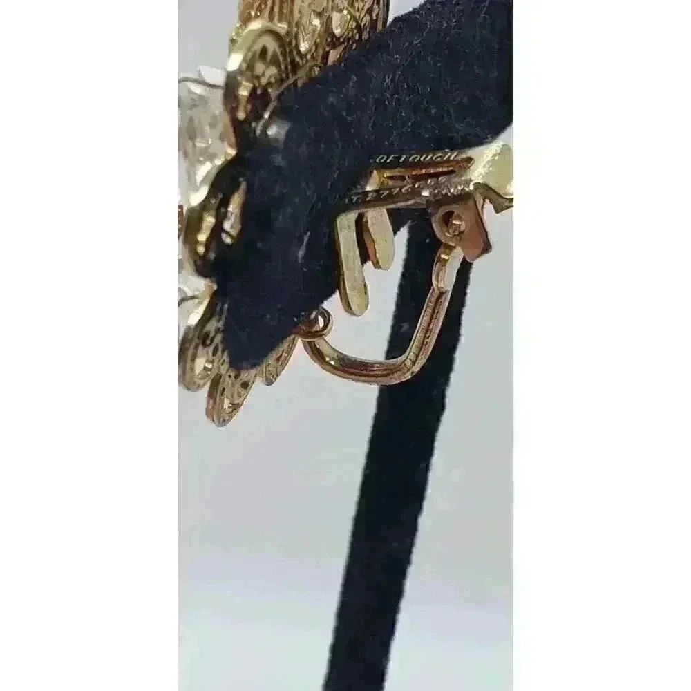 Vintage Earrings Clip Gold Filigree AB Crystal Dangle Soft Touch 1950 Fancy